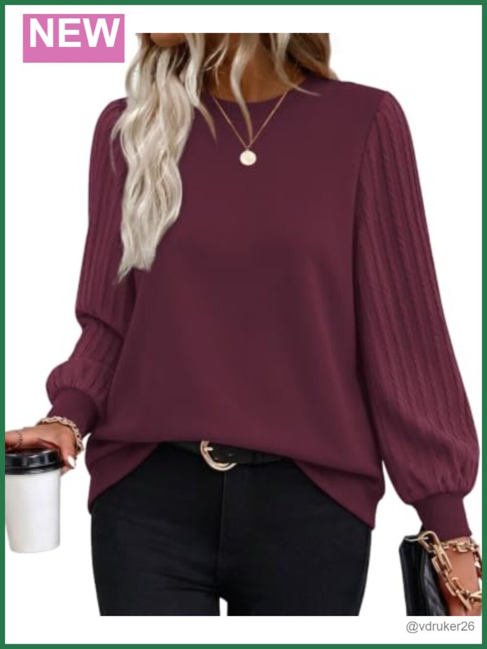 Oversized Crewneck Sweatshirt Loose Fit Cable Knit Sleeve Casual Fall Top